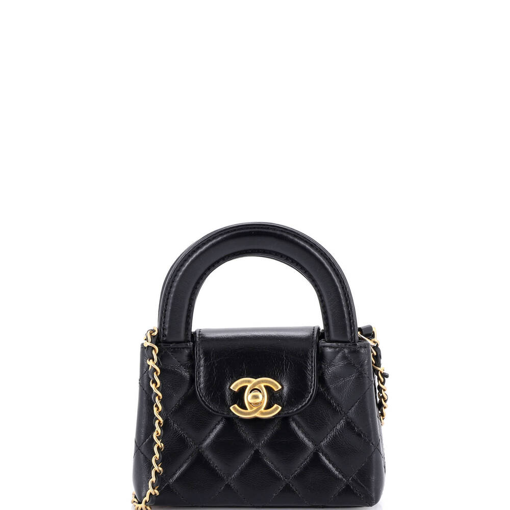 Chanel Nano Kelly Top Handle Shopping Bag Quilted Shiny Aged Calfskin
